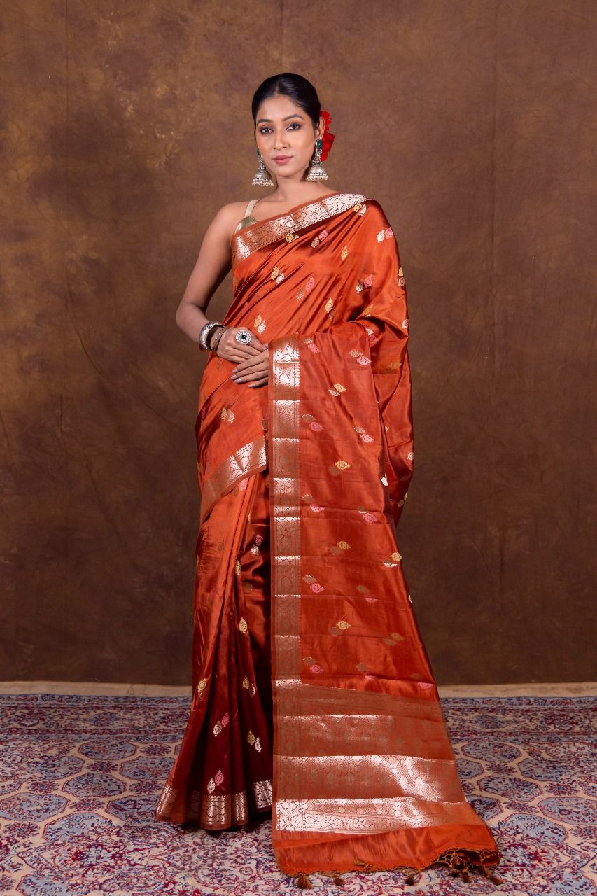Banarasi Semi-Raw Mango Soft Silk Saree with All-Over Meena Buti