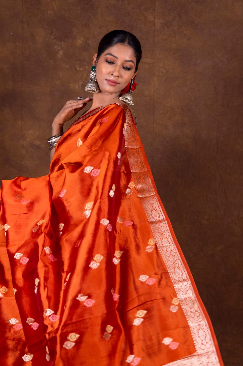 Banarasi Semi-Raw Mango Soft Silk Saree with All-Over Meena Buti