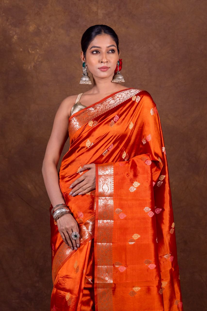 Banarasi Semi-Raw Mango Soft Silk Saree with All-Over Meena Buti