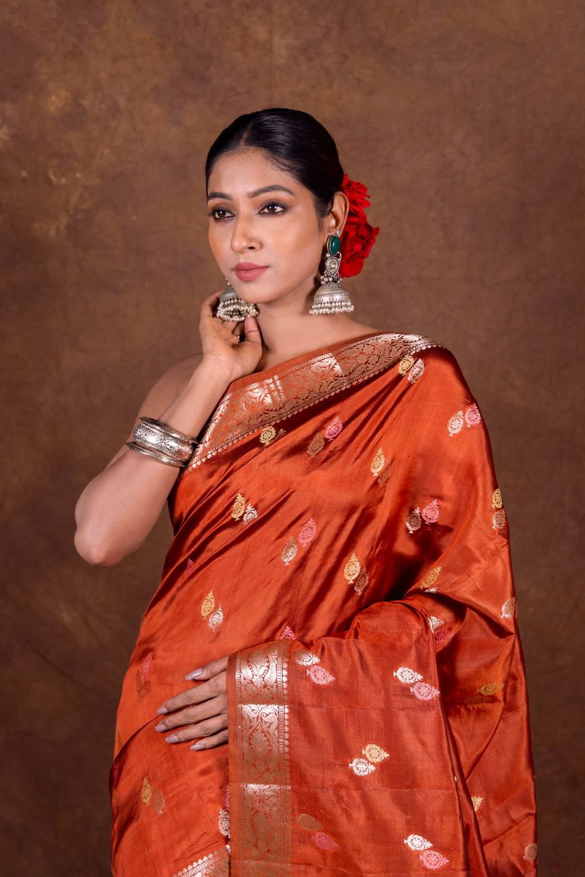 Banarasi Semi-Raw Mango Soft Silk Saree with All-Over Meena Buti
