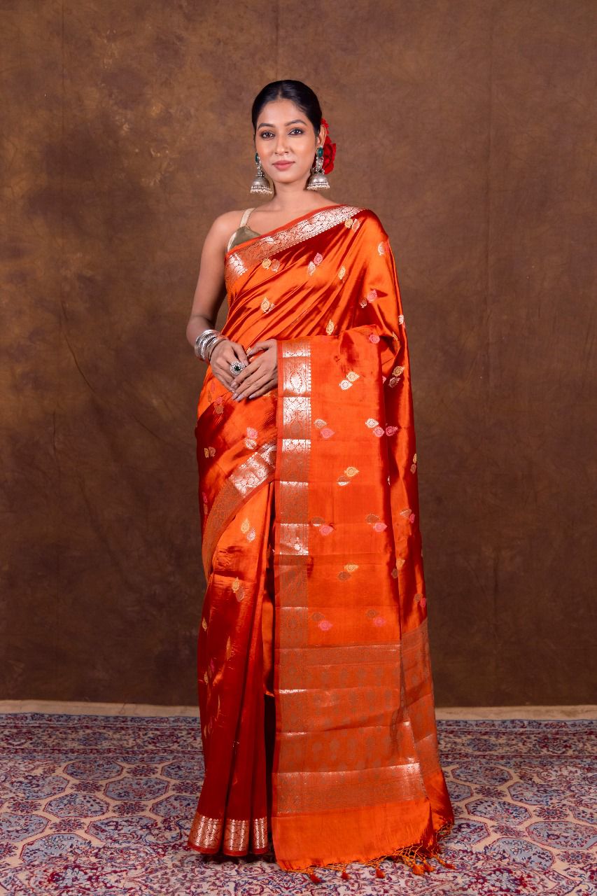Banarasi Semi-Raw Mango Soft Silk Saree with All-Over Meena Buti