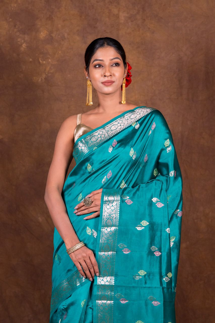 Banarasi Semi-Raw Mango Soft Silk Saree with All-Over Meena Buti