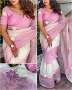 Celebrity Inspired Elegant Pink Crystal Organza Saree with Sequin & Hand Applique Work