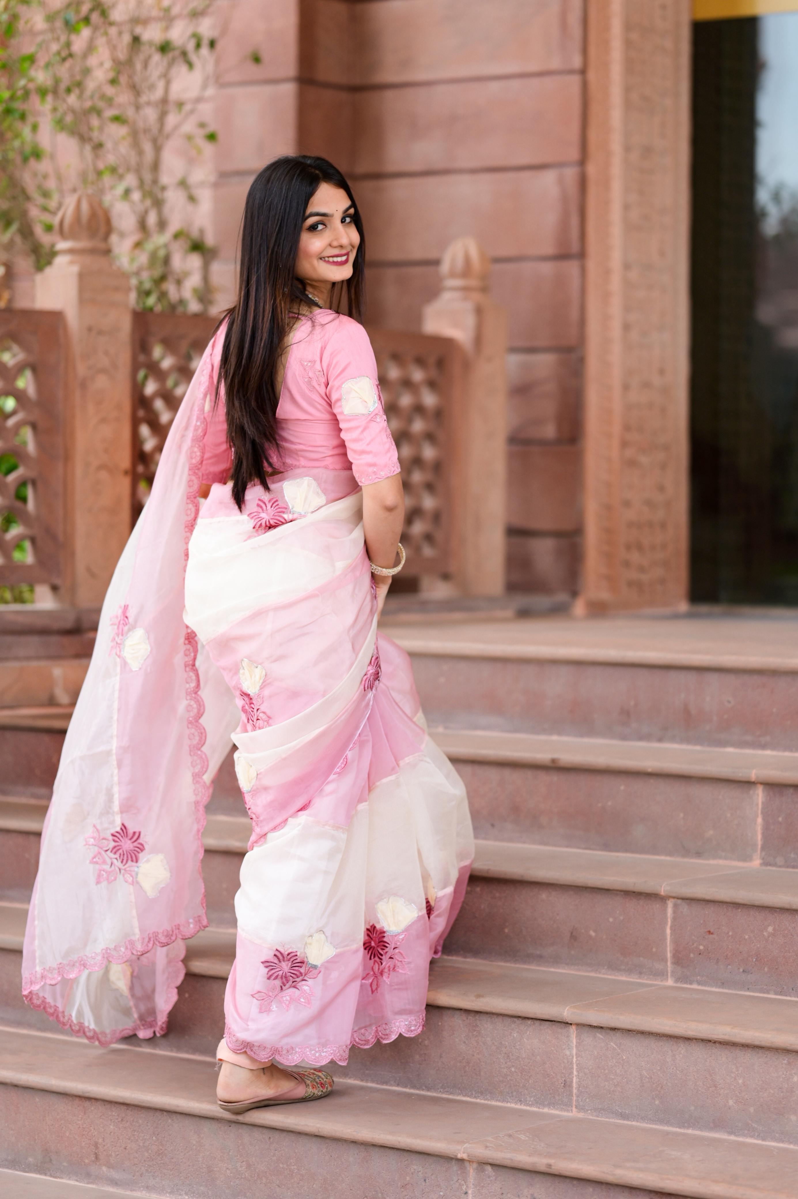 Celebrity Inspired Elegant Pink Crystal Organza Saree with Sequin & Hand Applique Work
