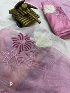 Celebrity Inspired Elegant Pink Crystal Organza Saree with Sequin & Hand Applique Work