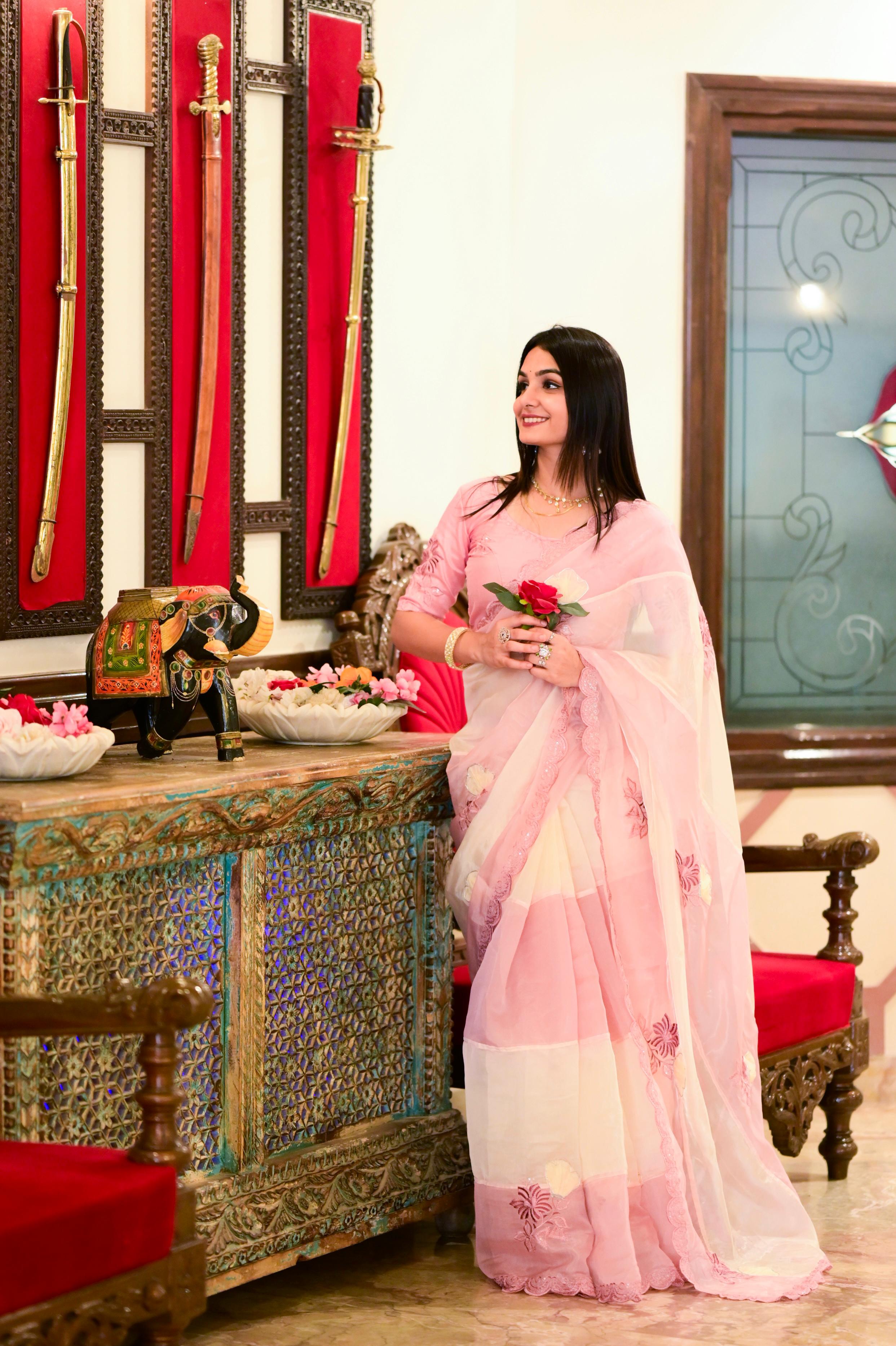 Celebrity Inspired Elegant Pink Crystal Organza Saree with Sequin & Hand Applique Work