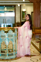 Celebrity Inspired Elegant Pink Crystal Organza Saree with Sequin & Hand Applique Work