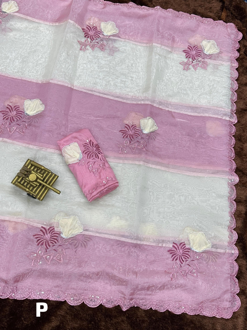 Celebrity Inspired Elegant Pink Crystal Organza Saree with Sequin & Hand Applique Work