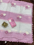 Celebrity Inspired Elegant Pink Crystal Organza Saree with Sequin & Hand Applique Work