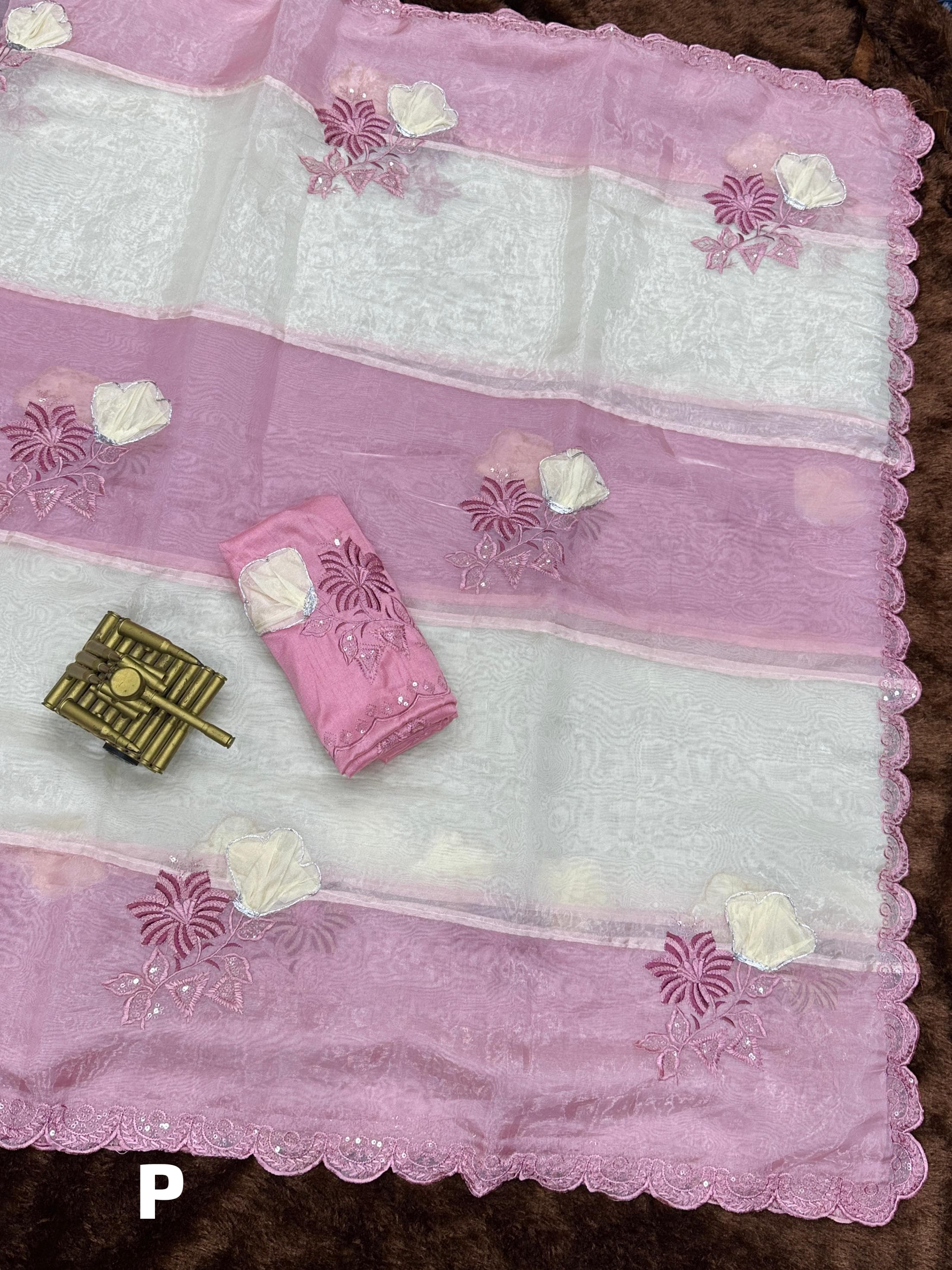 Celebrity Inspired Elegant Pink Crystal Organza Saree with Sequin & Hand Applique Work