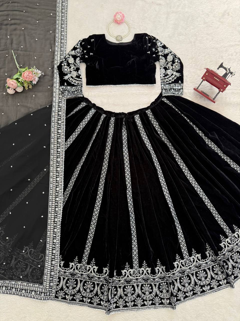 Elegant Black Viscose Velvet Lehenga Choli with Intricate Sequin Work