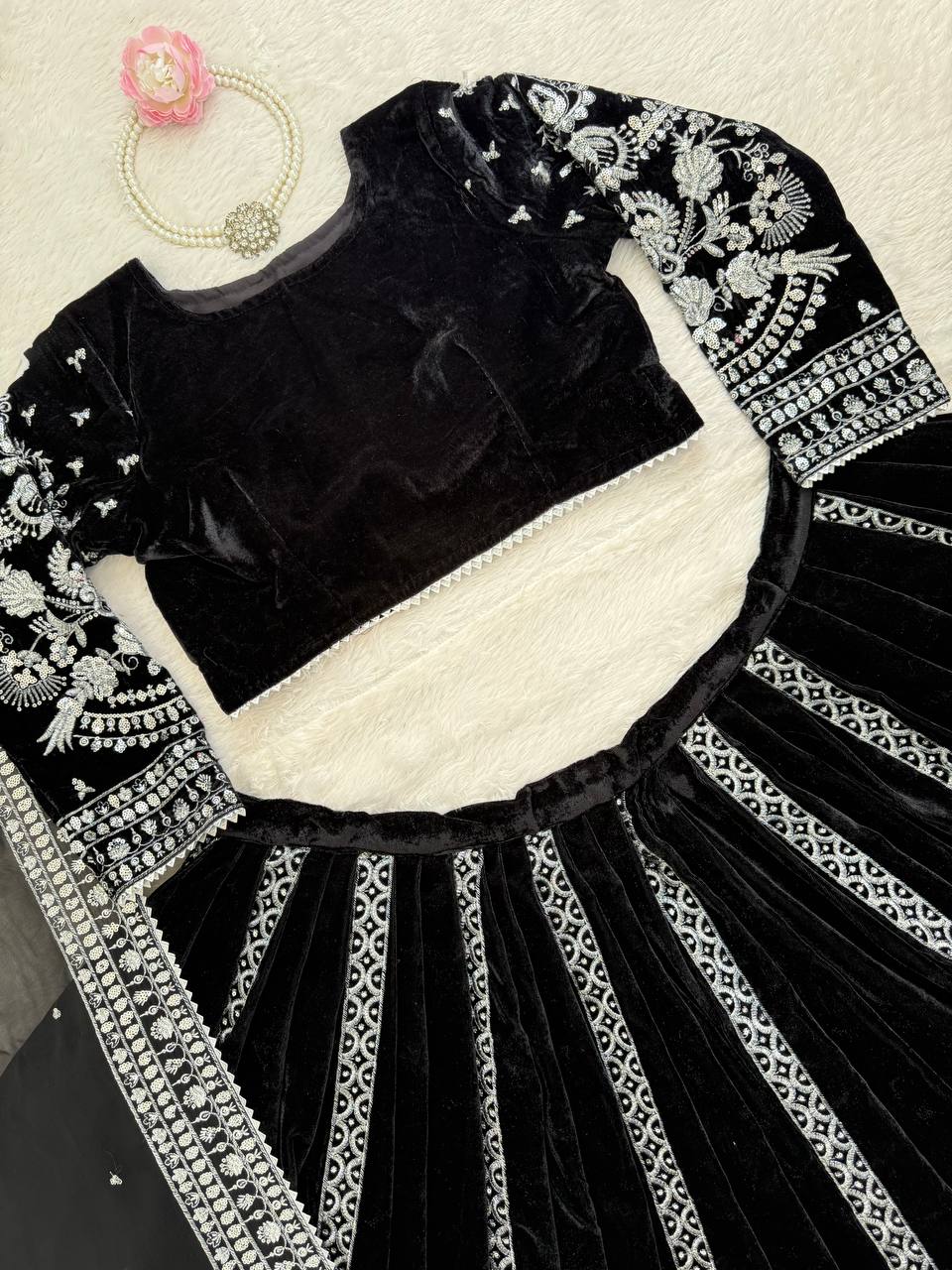 Elegant Black Viscose Velvet Lehenga Choli with Intricate Sequin Work