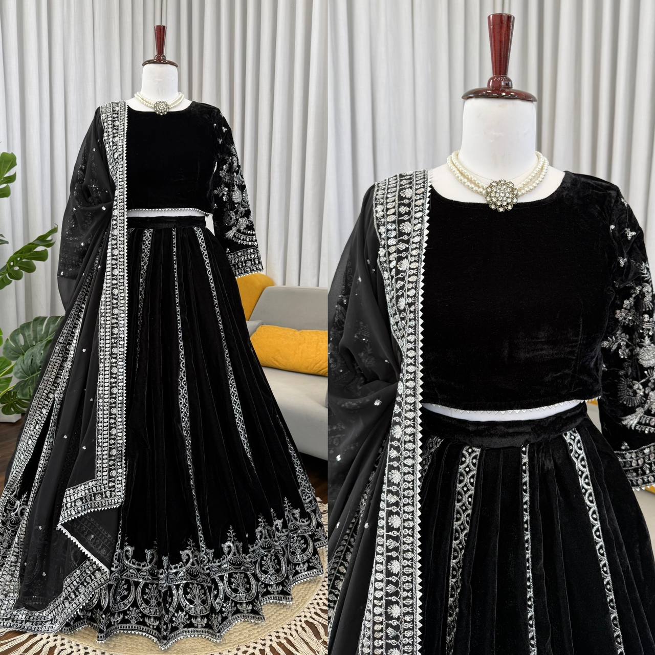 Elegant Black Viscose Velvet Lehenga Choli with Intricate Sequin Work