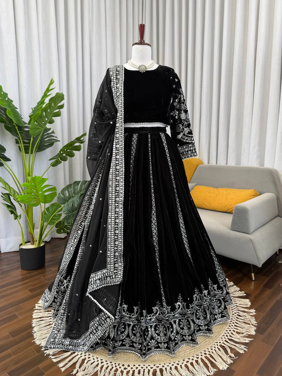 Elegant Black Viscose Velvet Lehenga Choli with Intricate Sequin Work