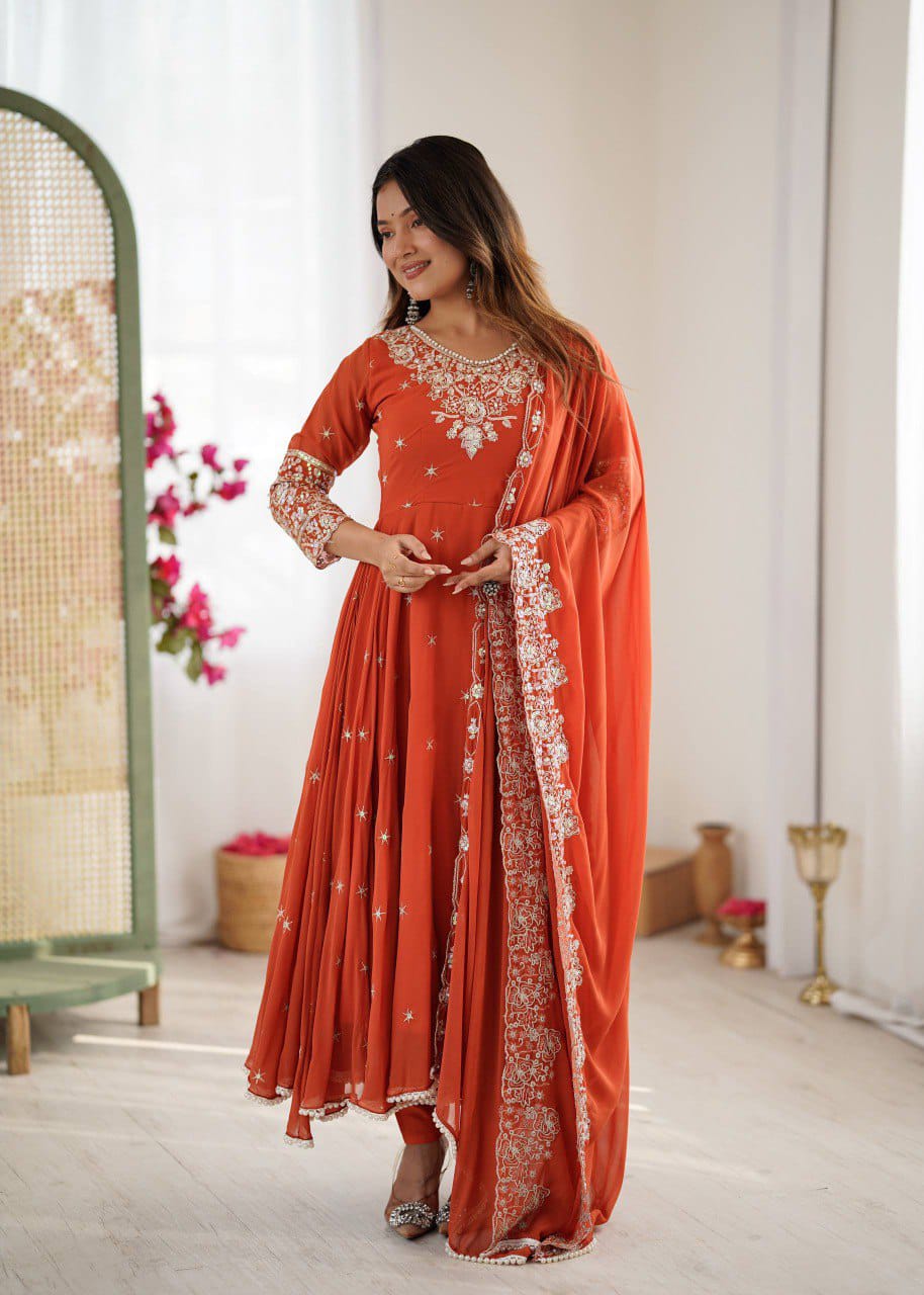 Elegant Embroidered Rainbow Sequence Designer Anarkali Gown Three Piece Set
