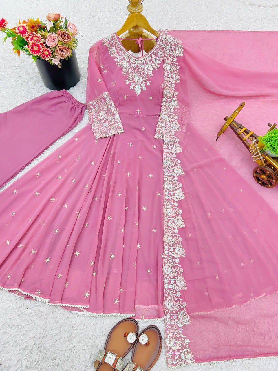 Elegant Embroidered Rainbow Sequence Designer Anarkali Gown Three Piece Set