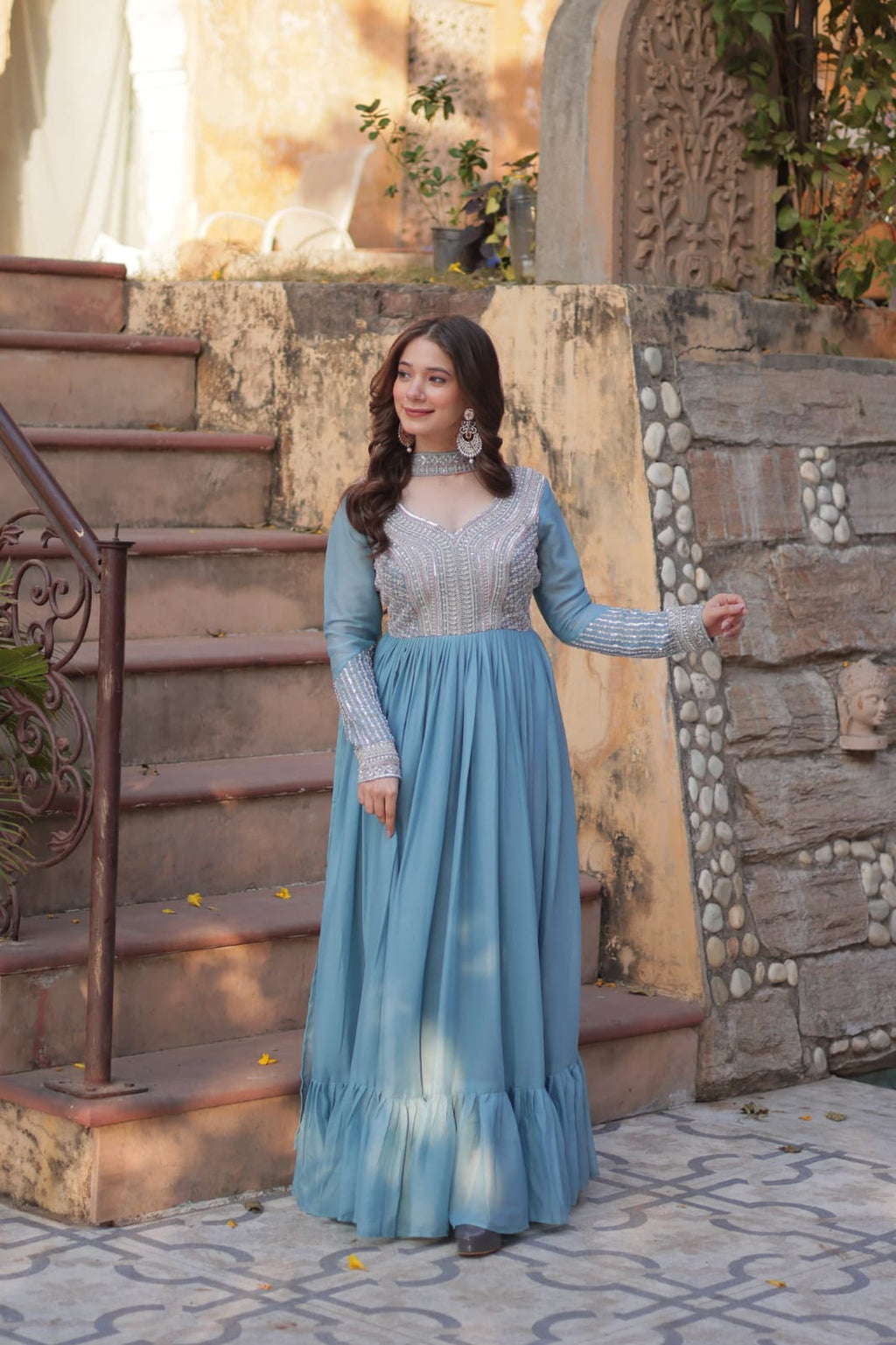 Elegant Full Sleeve Georgette Anarkali Gown with Intricate Sequins Embroidery