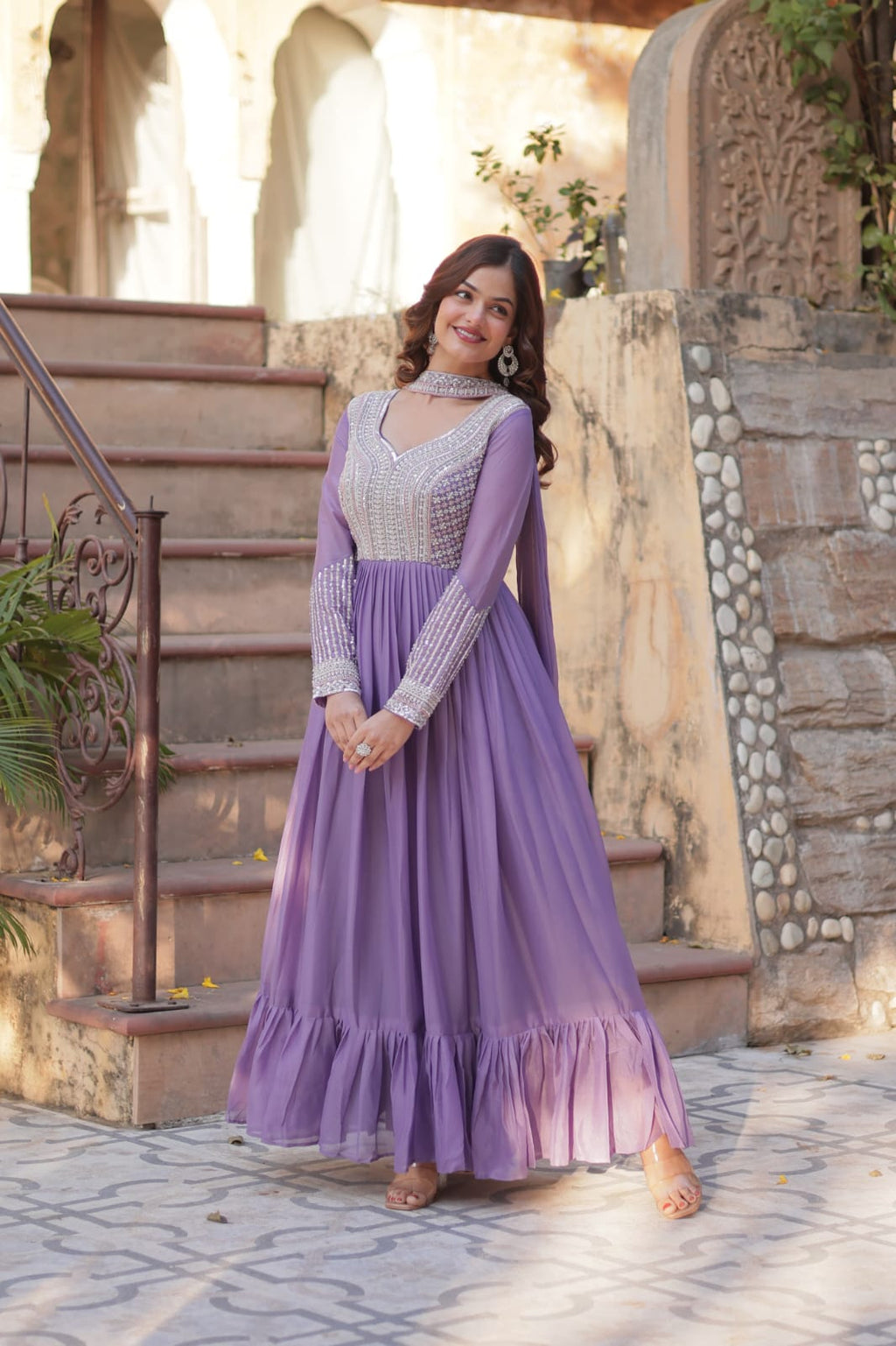 Elegant Full Sleeve Georgette Anarkali Gown with Intricate Sequins Embroidery