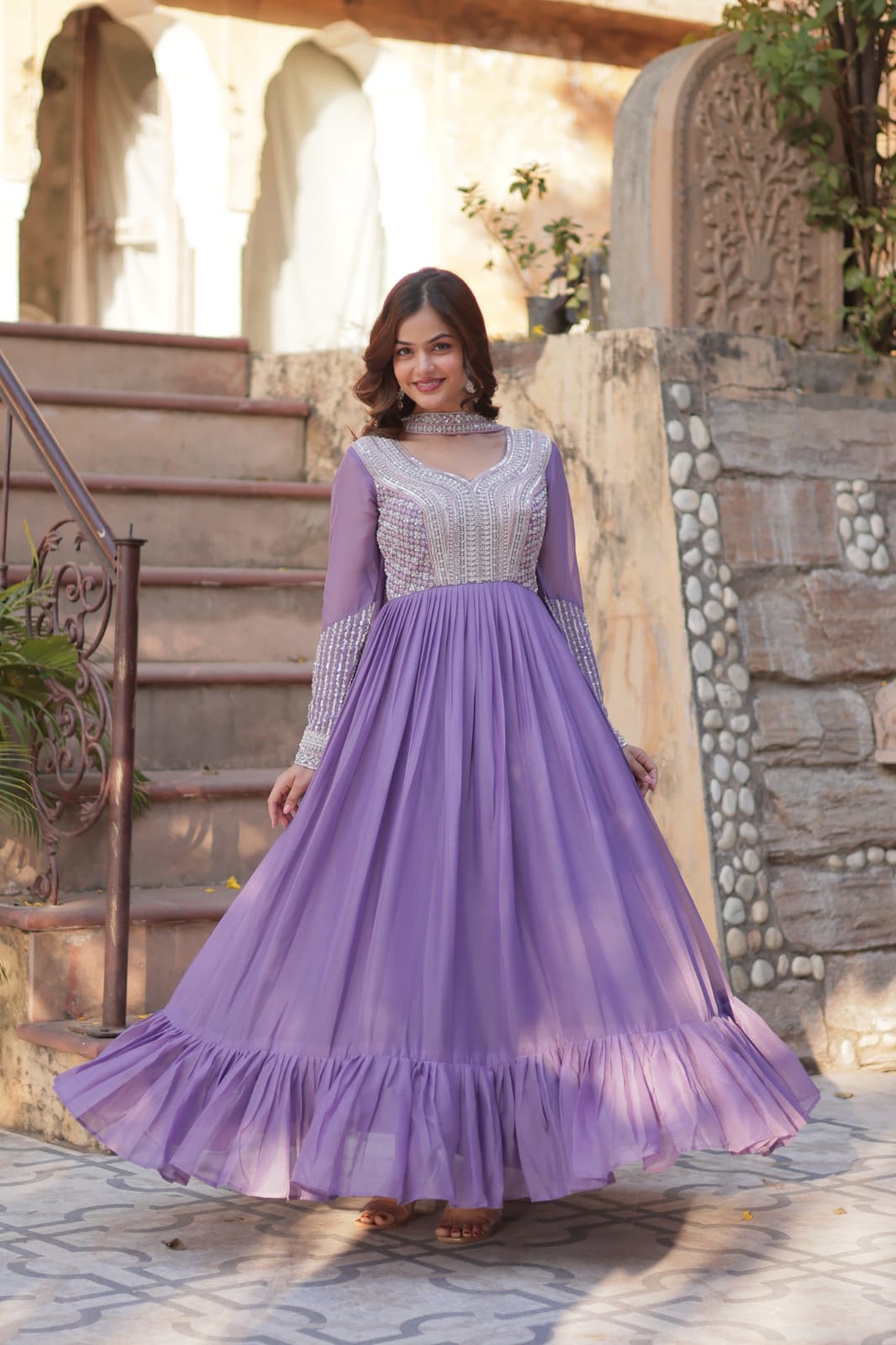 Elegant Full Sleeve Georgette Anarkali Gown with Intricate Sequins Embroidery