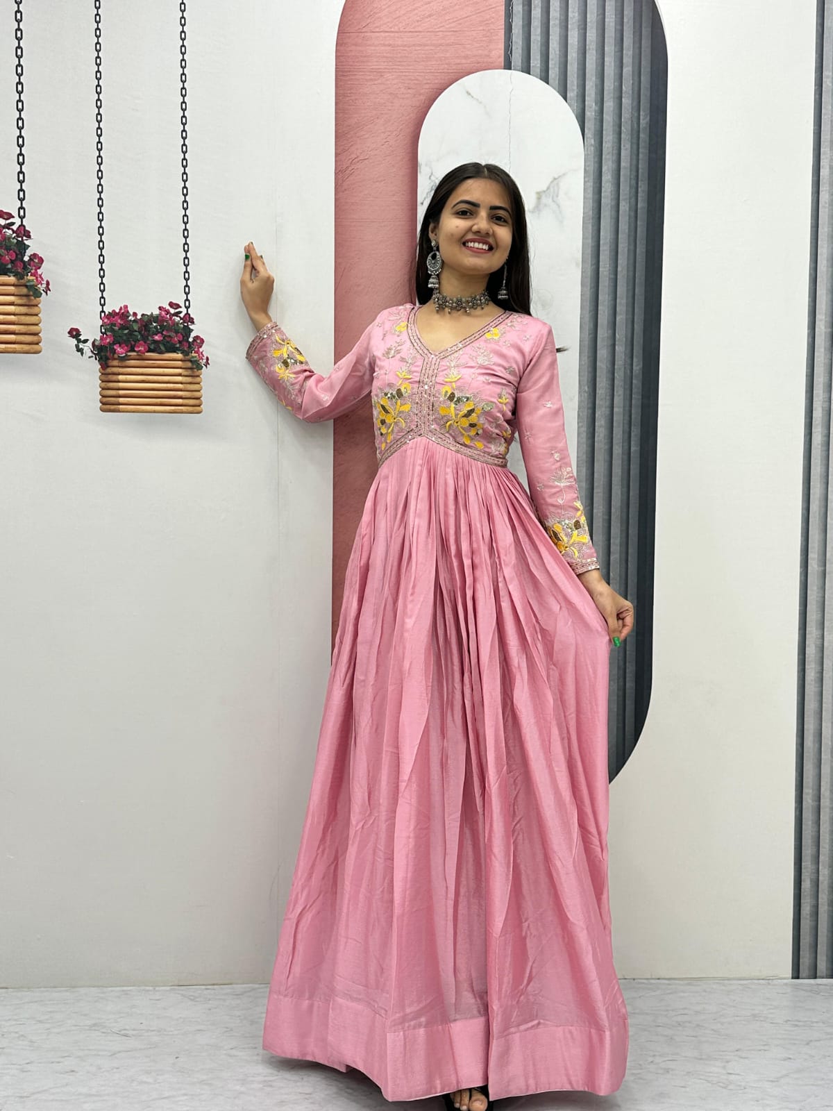 Festive wear Heavy Chinon Silk Embroidery Gown