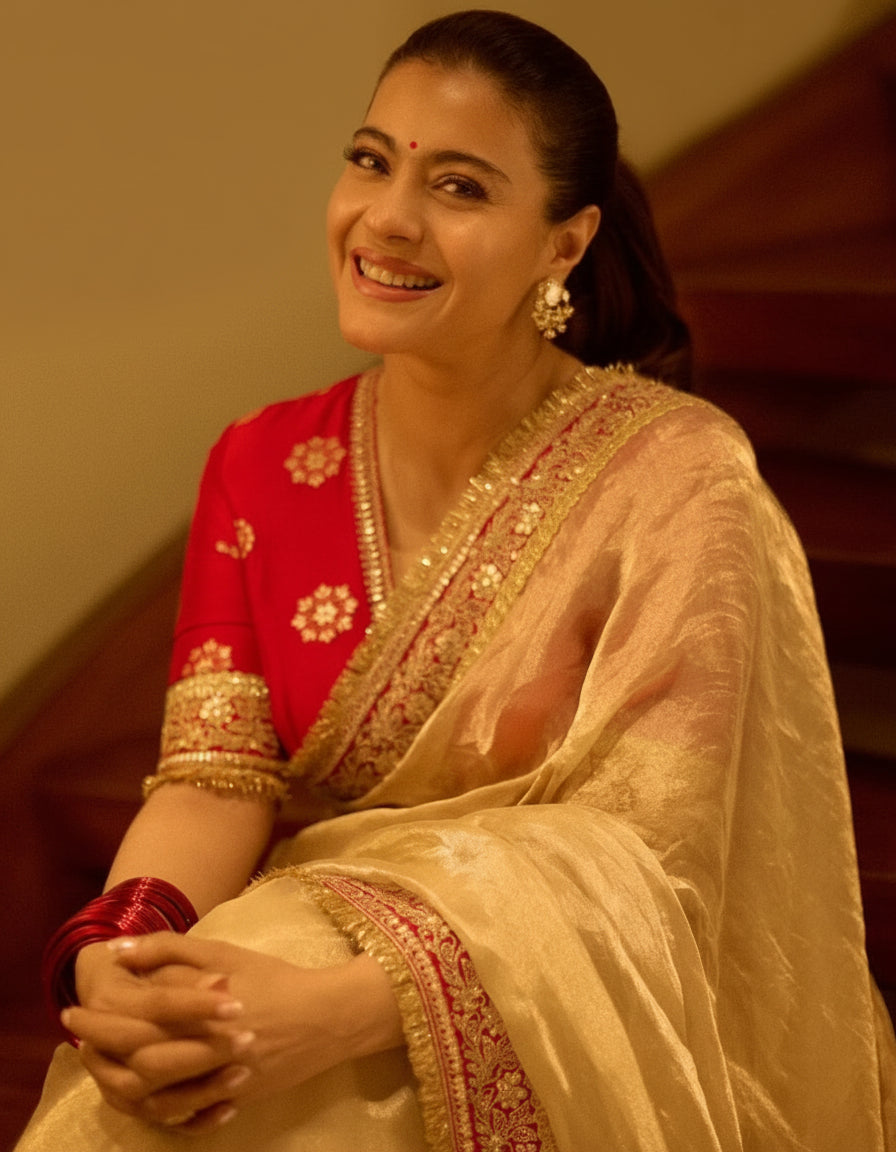 Kajol Inspired Twill Net Sarees with Sequin and Dori Embroidery Work Celebrity Saree