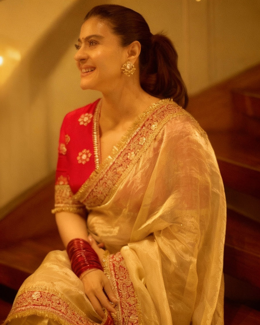 Kajol Inspired Twill Net Sarees with Sequin and Dori Embroidery Work Celebrity Saree