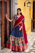 Kalamkari Printed Poly Chanderi Lehenga Set with Zari Weaving Work
