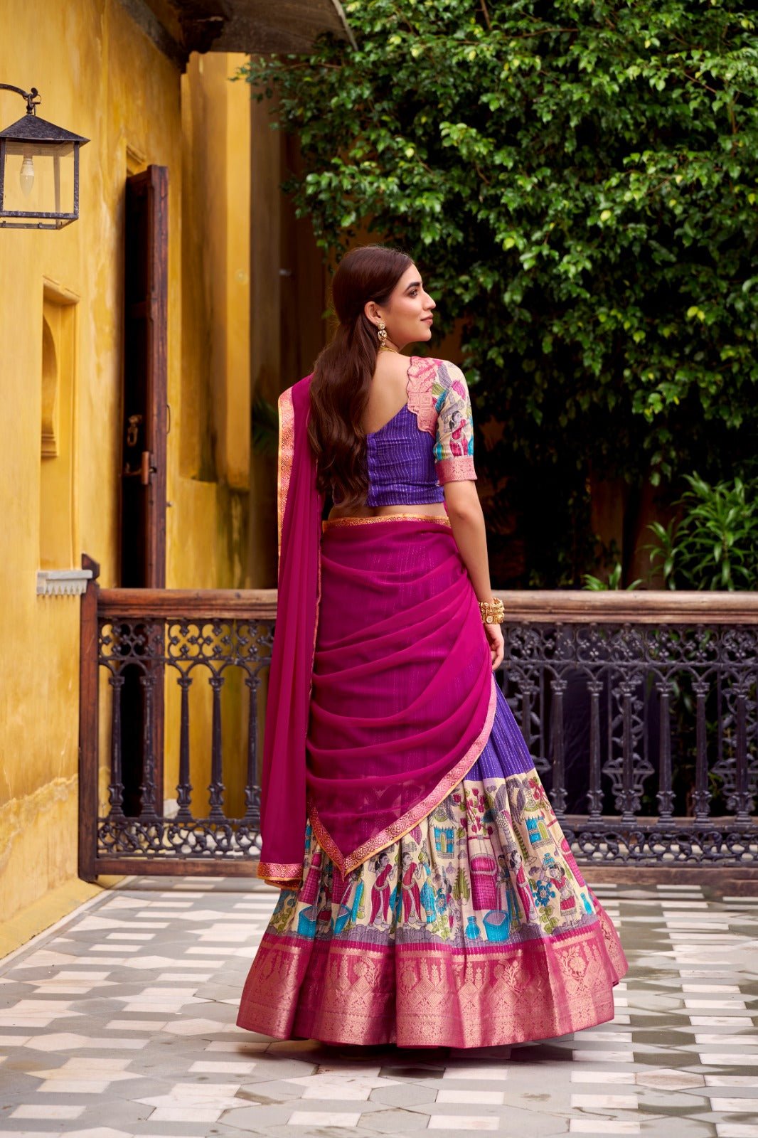 Kalamkari Printed Poly Chanderi Lehenga Set with Zari Weaving Work