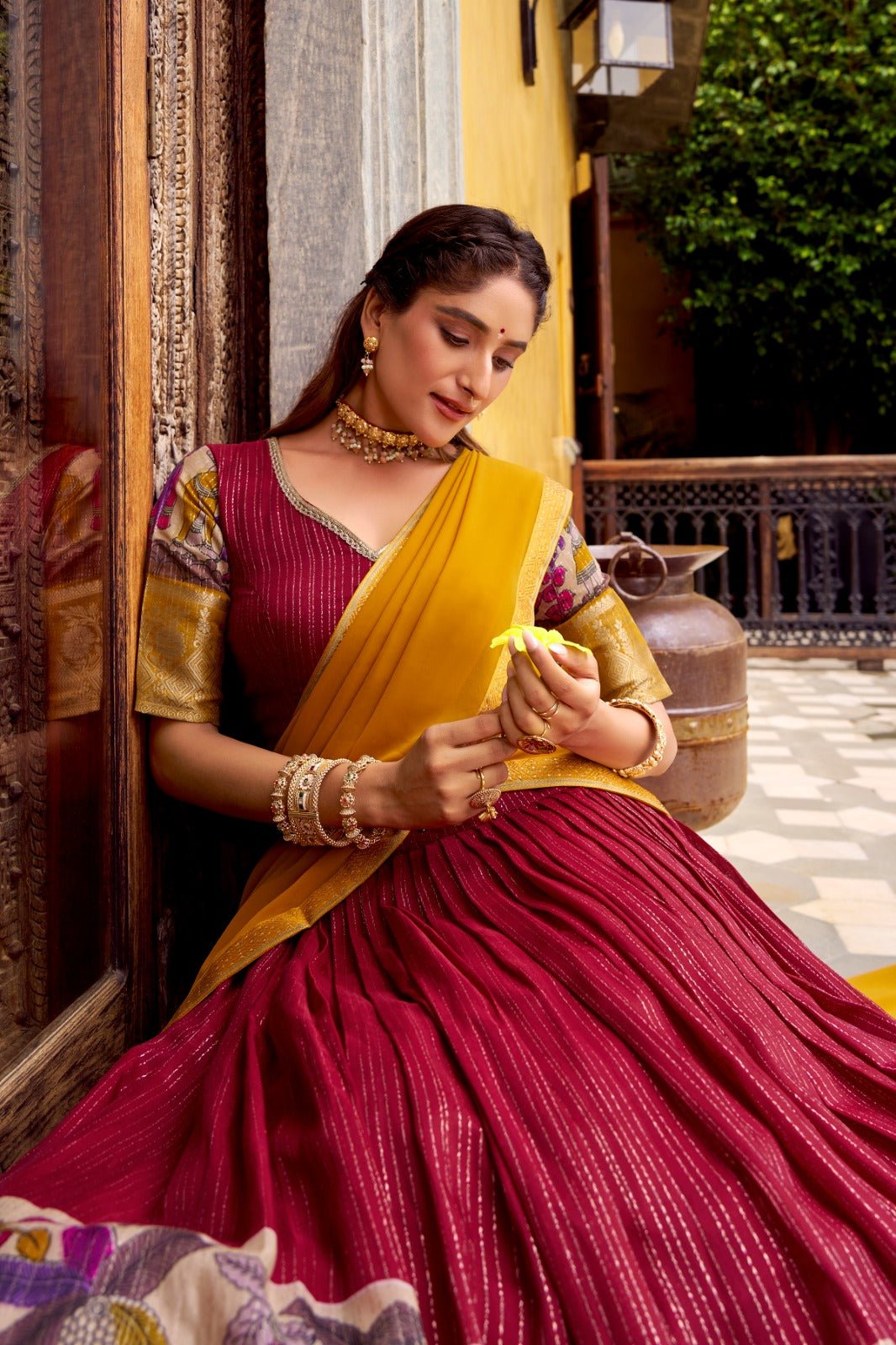 Kalamkari Printed Poly Chanderi Lehenga Set with Zari Weaving Work