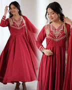 Luxurious Roman Silk Gown with Full Cording Work, Pants & Lace Dupatta