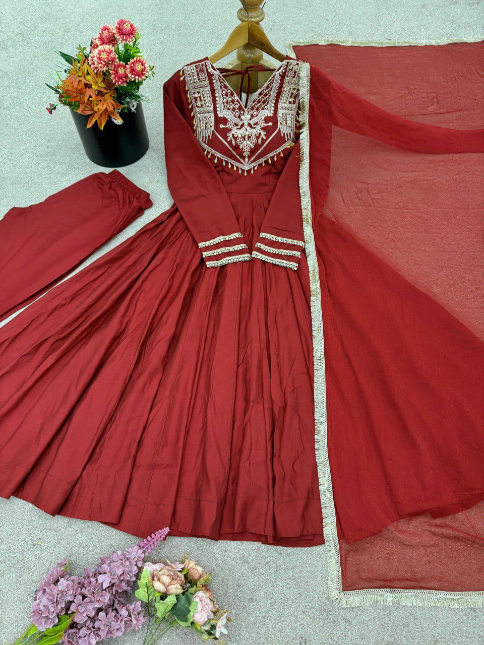 Luxurious Roman Silk Gown with Full Cording Work, Pants & Lace Dupatta