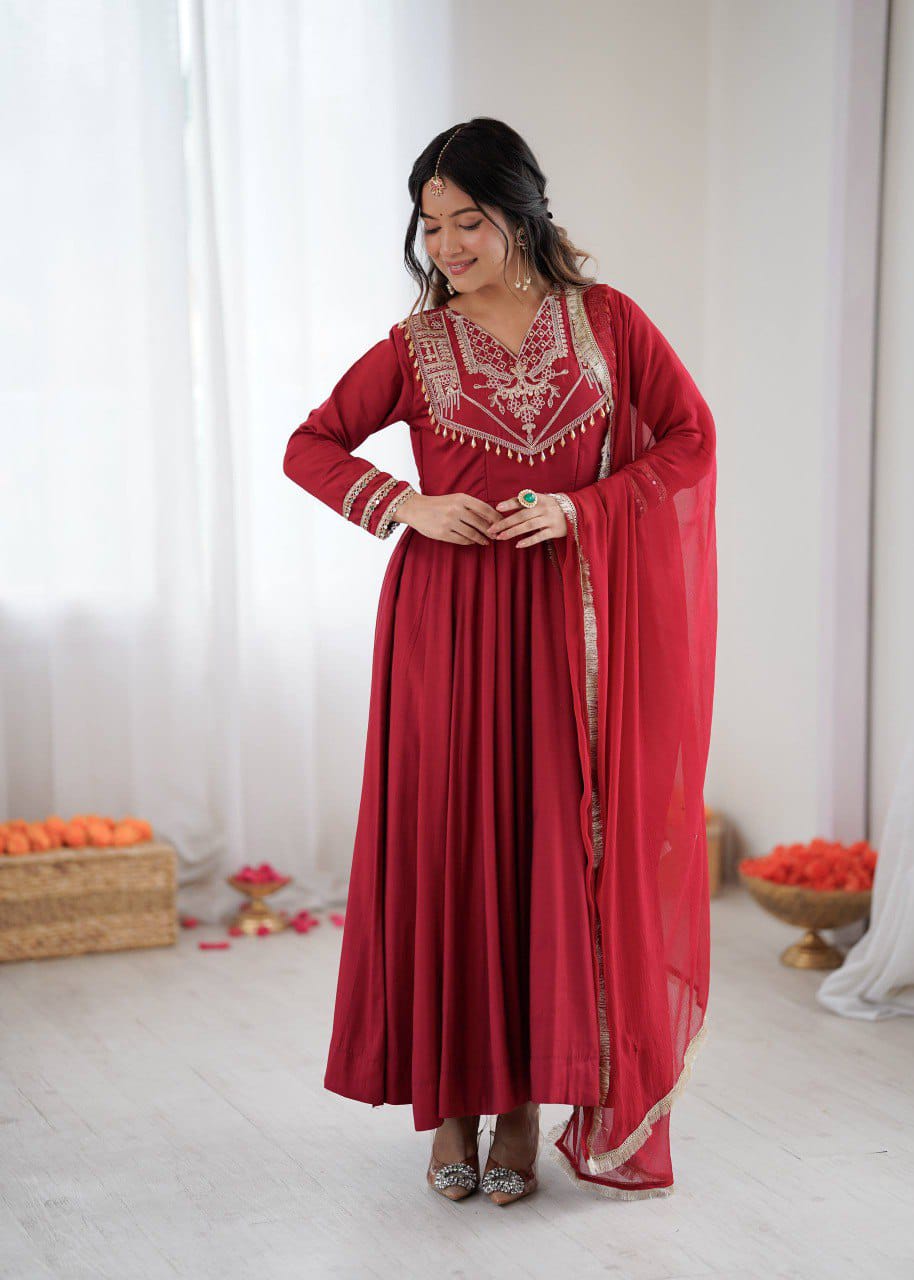 Luxurious Roman Silk Gown with Full Cording Work, Pants & Lace Dupatta
