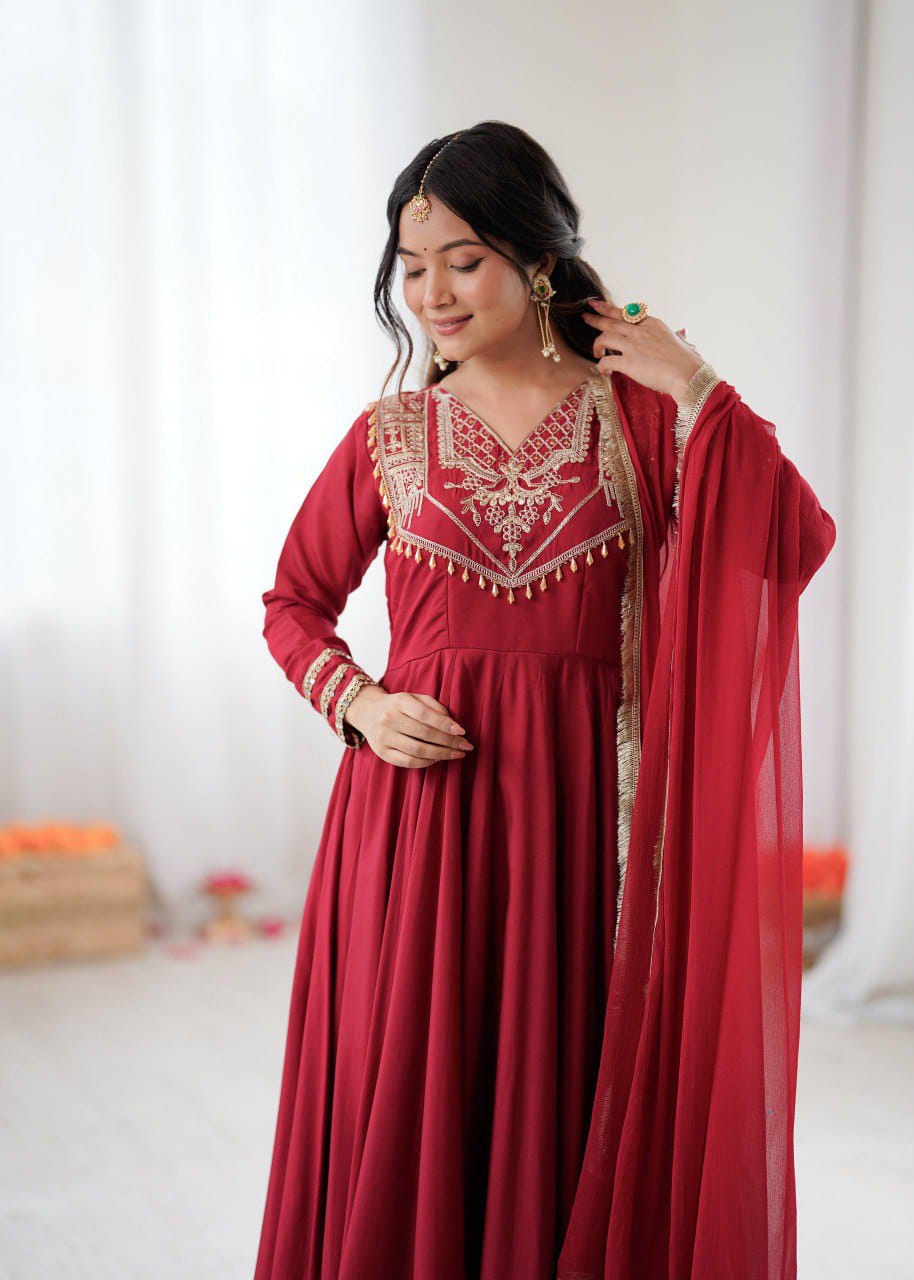 Luxurious Roman Silk Gown with Full Cording Work, Pants & Lace Dupatta
