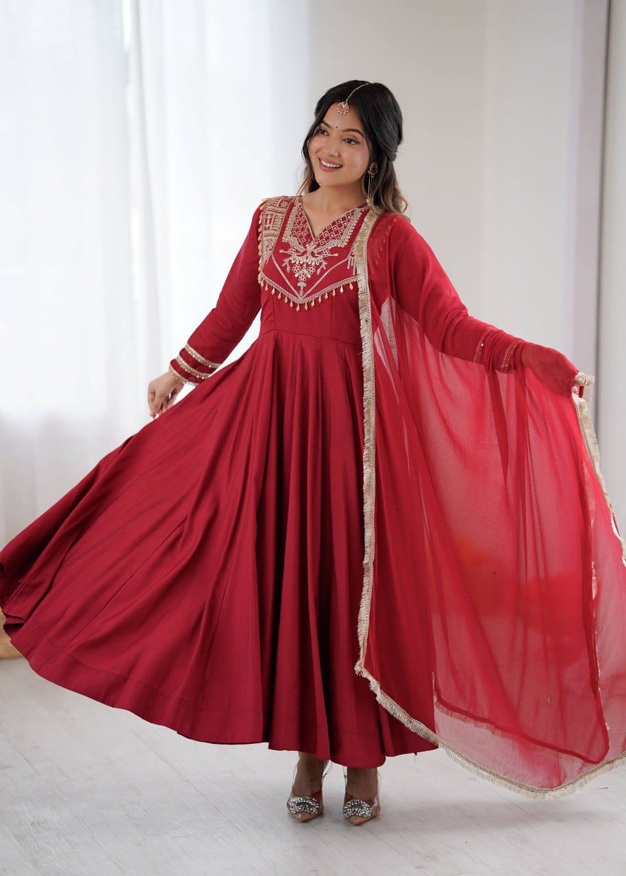 Luxurious Roman Silk Gown with Full Cording Work, Pants & Lace Dupatta
