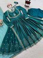 Luxurious Teal Green Japan Satin Anarkali Suit Set  with Intricate Embroidery