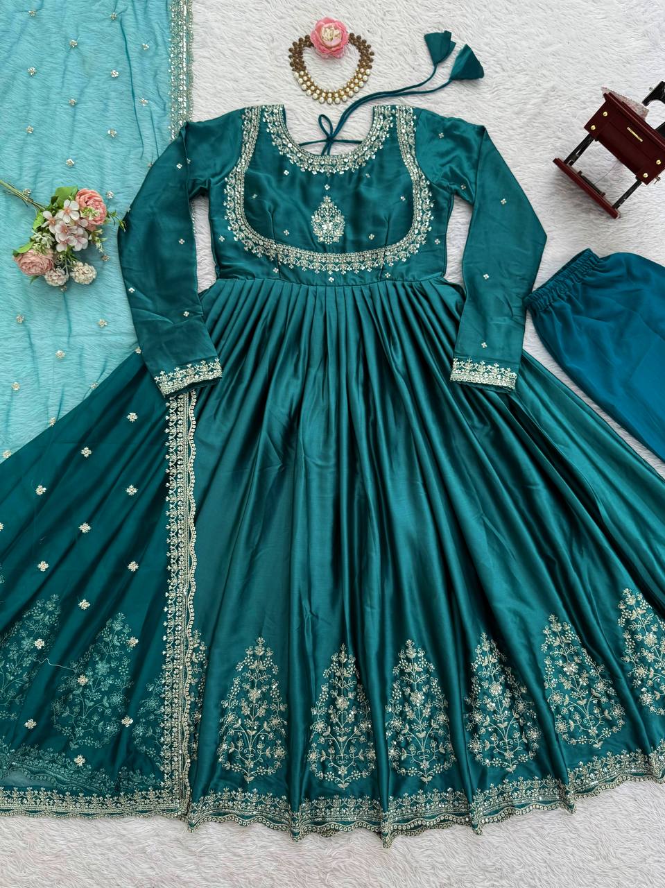 Luxurious Teal Green Japan Satin Anarkali Suit Set  with Intricate Embroidery