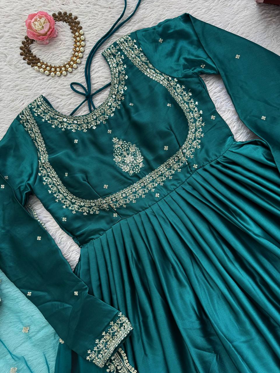 Luxurious Teal Green Japan Satin Anarkali Suit Set  with Intricate Embroidery