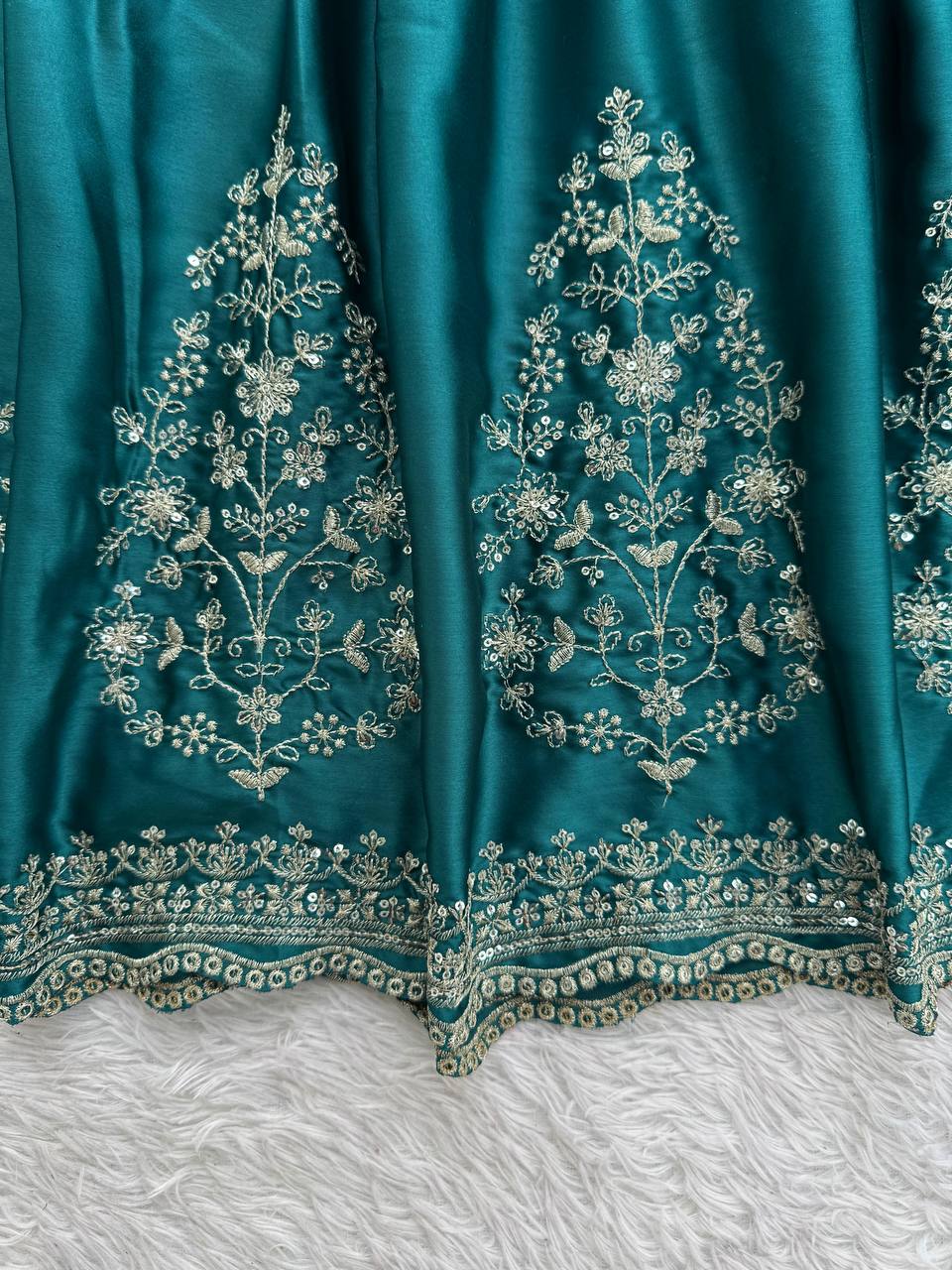 Luxurious Teal Green Japan Satin Anarkali Suit Set  with Intricate Embroidery
