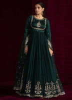 Luxurious Teal Green Japan Satin Anarkali Suit Set  with Intricate Embroidery