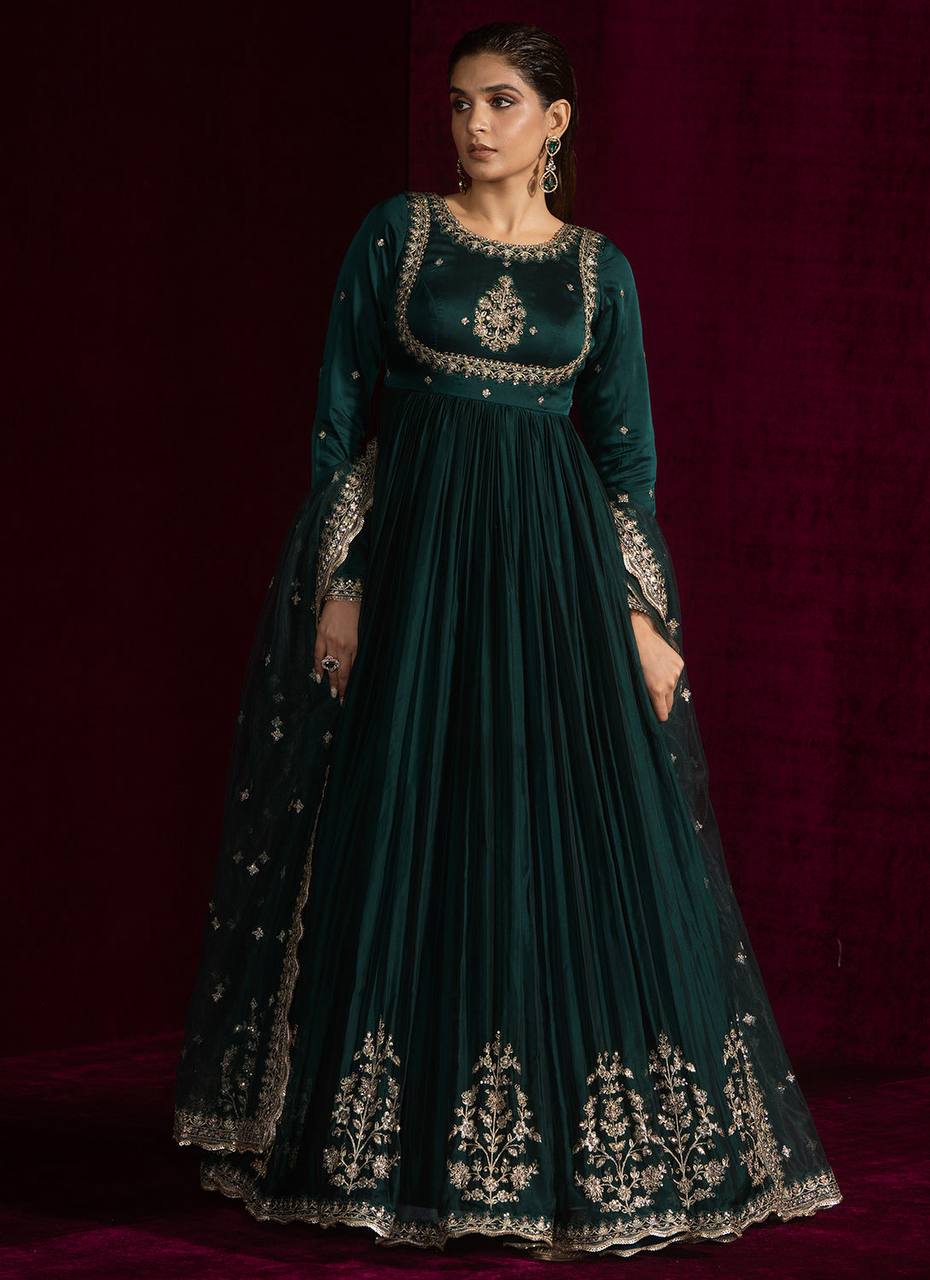 Luxurious Teal Green Japan Satin Anarkali Suit Set  with Intricate Embroidery