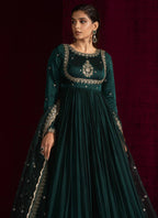 Luxurious Teal Green Japan Satin Anarkali Suit Set  with Intricate Embroidery