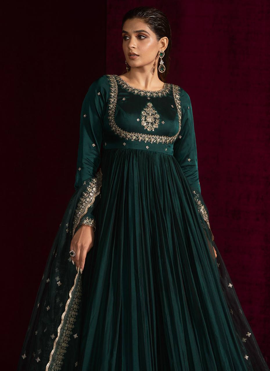 Luxurious Teal Green Japan Satin Anarkali Suit Set  with Intricate Embroidery
