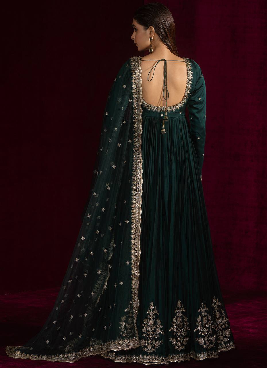 Luxurious Teal Green Japan Satin Anarkali Suit Set  with Intricate Embroidery