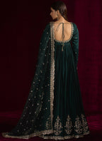 Luxurious Teal Green Japan Satin Anarkali Suit Set  with Intricate Embroidery