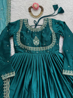 Luxurious Teal Green Japan Satin Anarkali Suit Set  with Intricate Embroidery