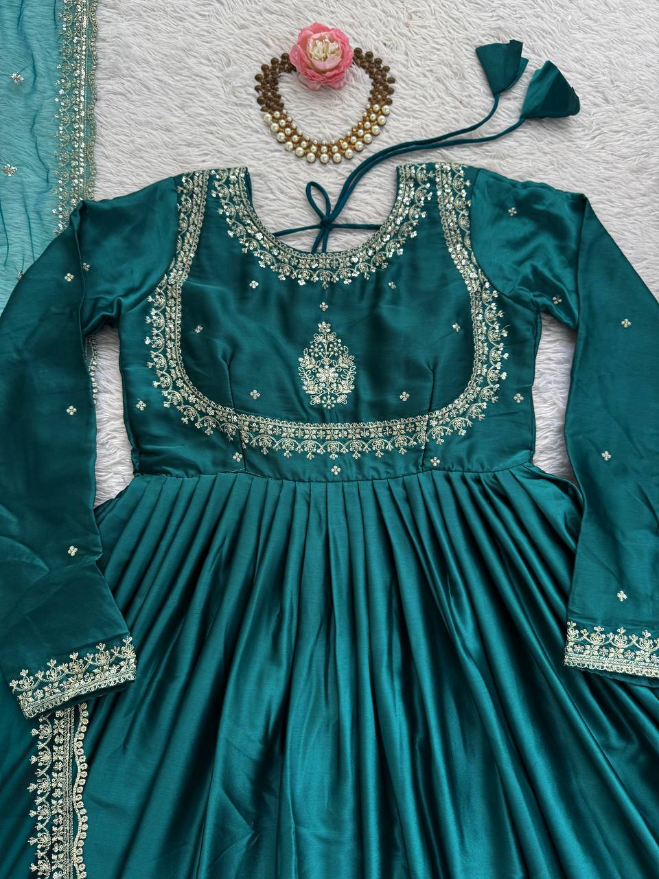 Luxurious Teal Green Japan Satin Anarkali Suit Set  with Intricate Embroidery