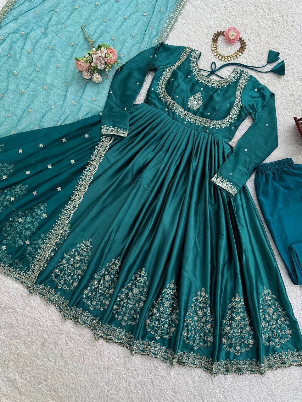 Luxurious Teal Green Japan Satin Anarkali Suit Set  with Intricate Embroidery