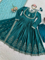 Luxurious Teal Green Japan Satin Anarkali Suit Set  with Intricate Embroidery