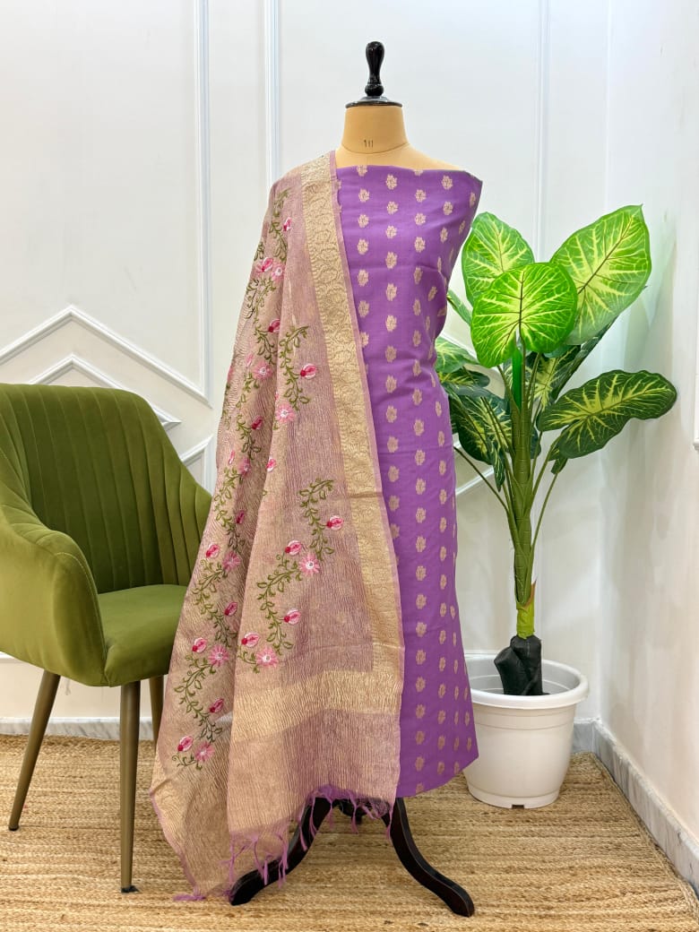 Premium Banarasi Unstitched Salwar Kameez with Tissue Embroidery Dupatta