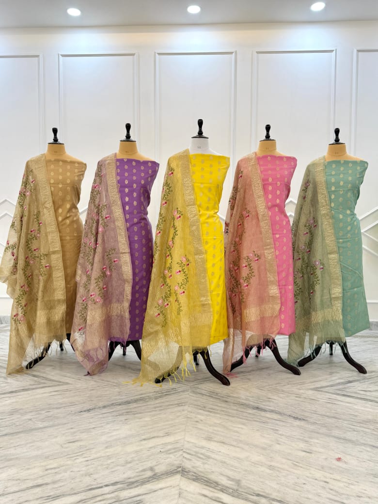 Premium Banarasi Unstitched Salwar Kameez with Tissue Embroidery Dupatta
